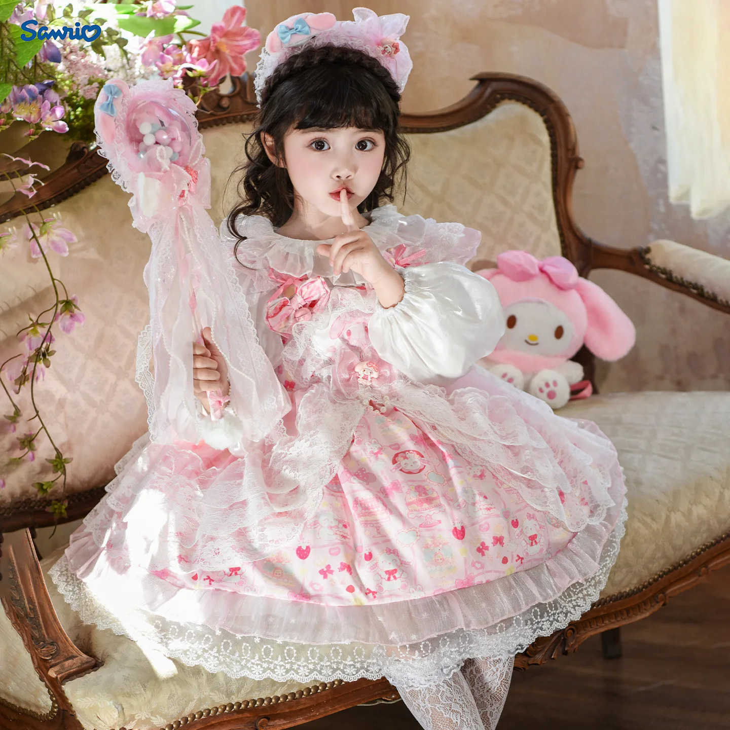 Sanrio Anime My Melody Girls Lolita Princess Dress Lace Party Outfit Girl Clothe Decoration Tutu Skirt Kids Cute Princess Birthday Gift H251216
