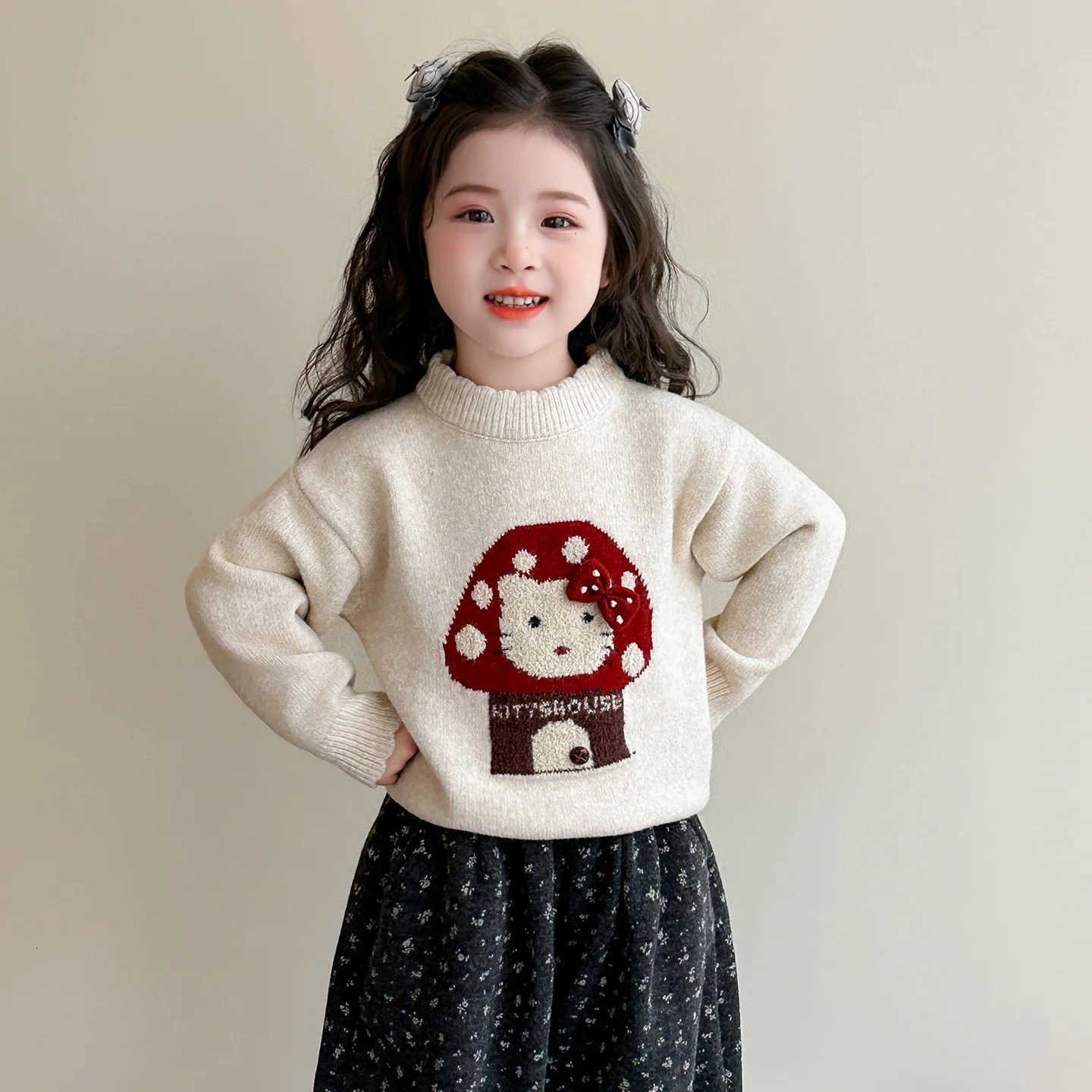 Sanrio Anime Hello Kitty Girls Autumn/Winter Sweater Childrens cartoon knitted sweater Girls winter outfit sweet pullover base shirt H251216