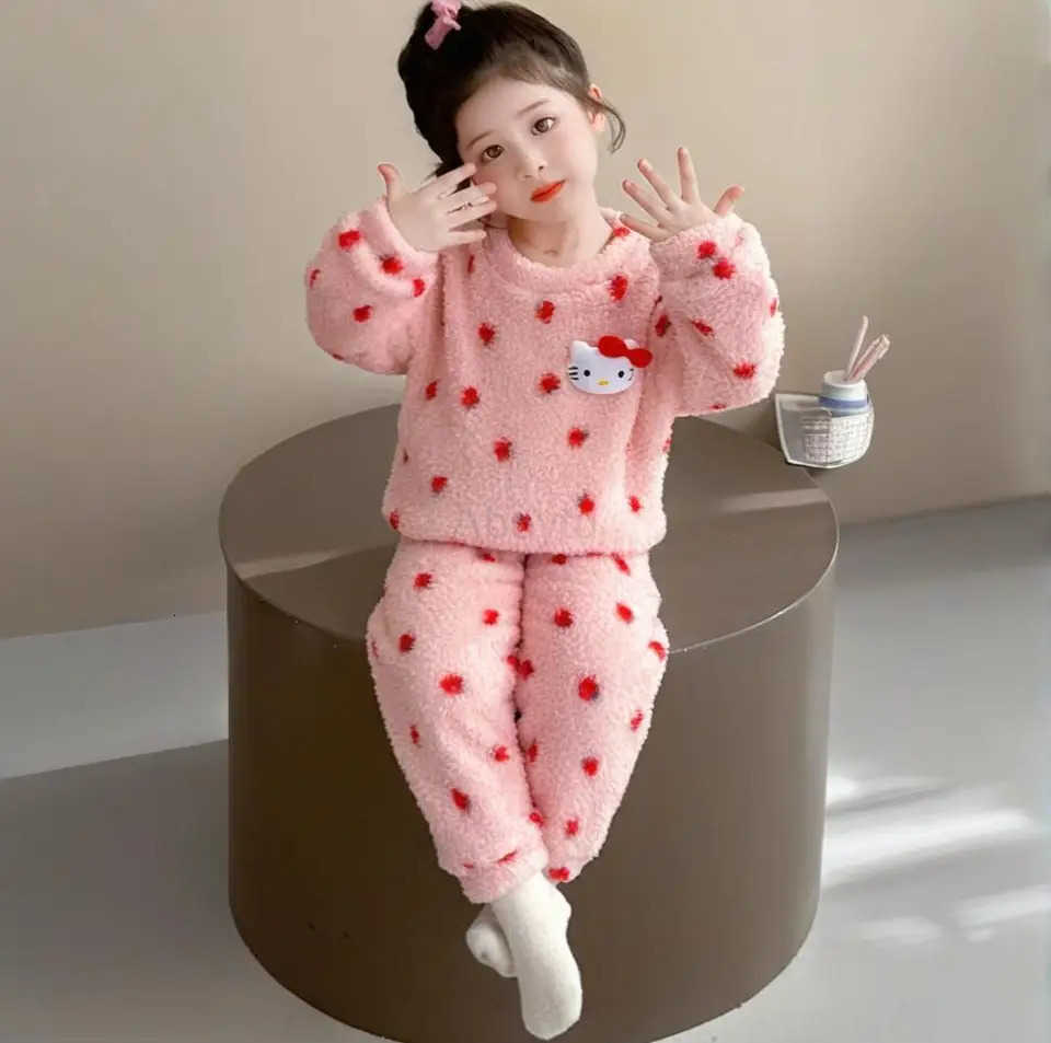 Sanrio Anime Hello Kitty Girls Autumn/Winter Cartoon Pajamas Babys fashionable and warm winter clothing Girls casual home suit set H251216