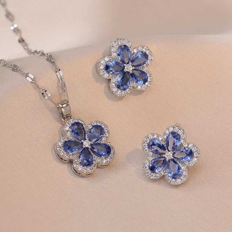 304 Stainless Steel Chain Zircon Blue Flower Copper Pendant Necklace Earrings Set Niche Design Dinner Wedding Accessories M251216