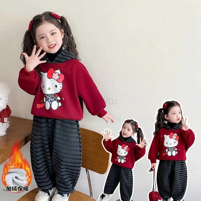 Sanrio Hello Kitty Thicken Two-Piece Set Hoodie Pants Girl Autumn Winter Hoodie Sportswear Child Kawaii Anime Cartoon Clothing H251216
