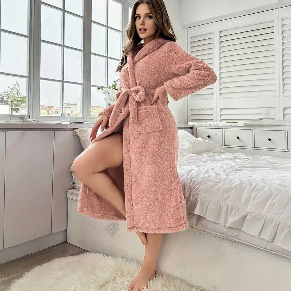 Womens Plush Long Robe with Belt Fuzzy Fleece Bathrobe Soft Hooded Bathrobe Fluffy Thick Warm Sleepwear with Pockets C251216
