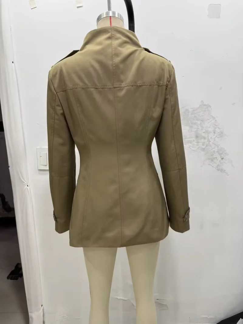ETJ 2025 autumn new womens military style large pocket stand collar slim coat epaulettes decorated trench coatT251216
