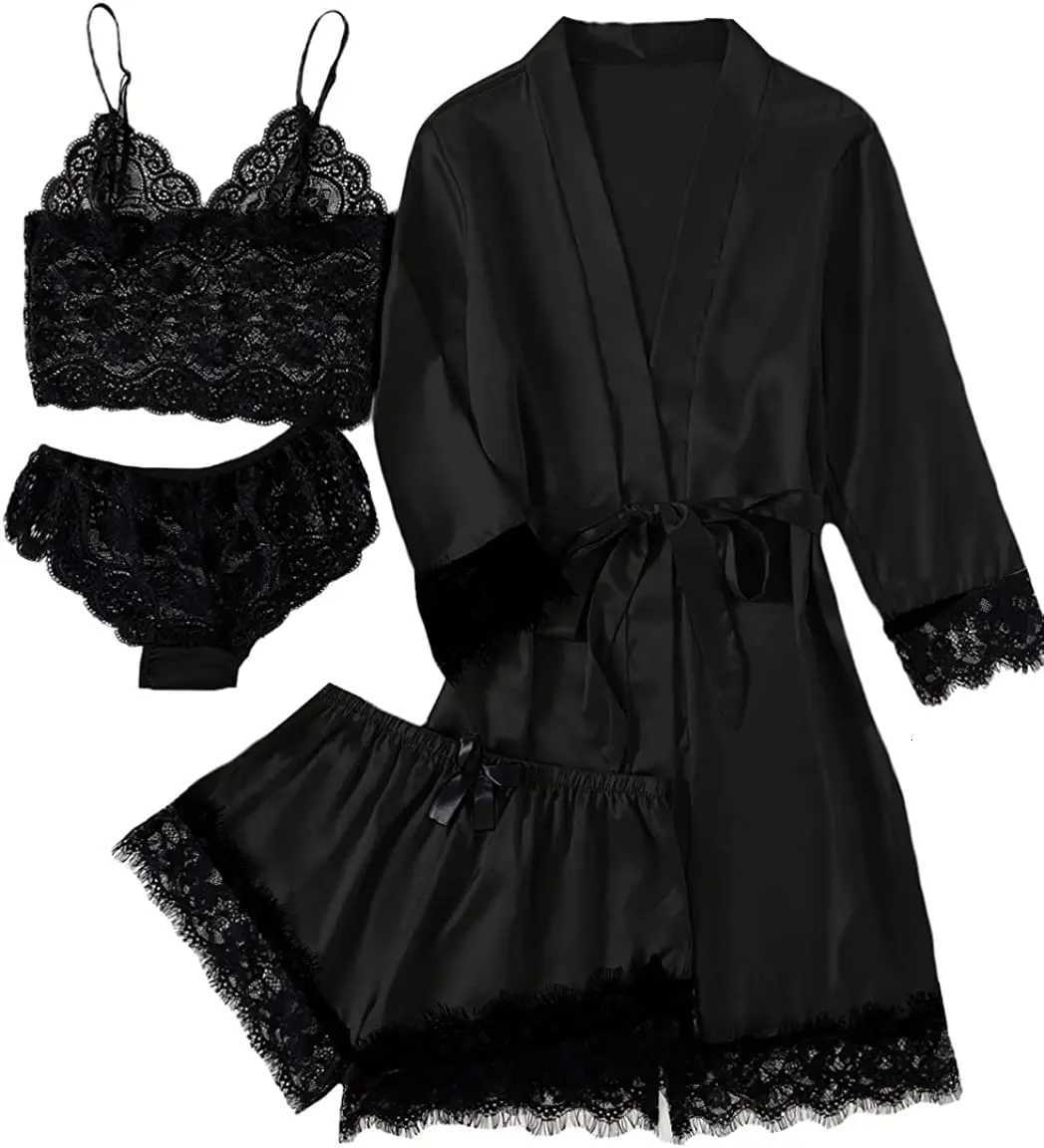 Sexy Women Home Dressing Gown Lingerie Lace Patchwork Satin Robe Set Nightwear Casual Sleepwear Kimono Bathrobe Home Nightdress C251216