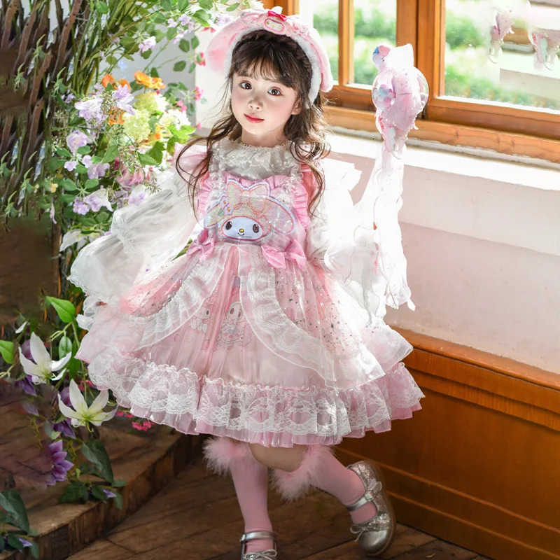 Sanrio Anime My Melody Vintage Lace Girls Lolita Dress with Ruffled Tutu Skirt Sequin Princess Layered Ball Gown for Kids Party Wear H251216