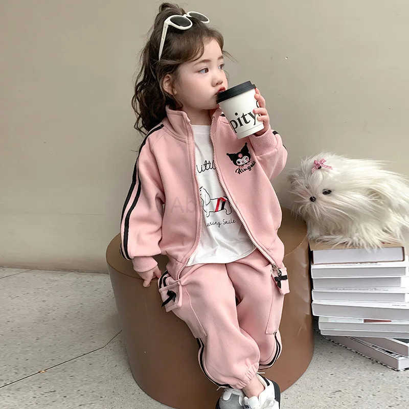 Sanrio Kuromi Clothes Set Girl Spring Autumn Fashion Cartoon Cute Sweet Long Sleeve Tops Pants Childrens Casual Sportswear H251216