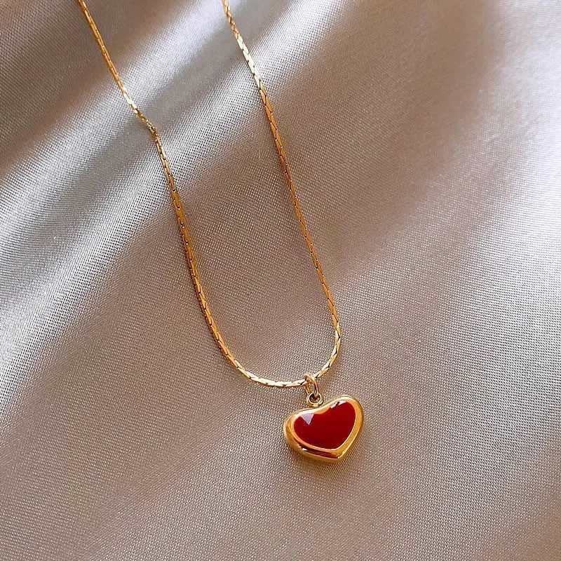Womens Necklace Red Drop Glaze Heart Titanium Steel Necklace Accessories M251216