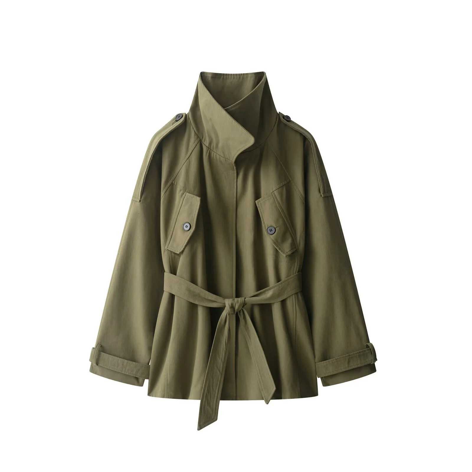 2025 Autumn New Womens Casual Fashion Simple and Loose Design High Collar Long Sleeve Versatile Cotton Belt WindbreakerT251216