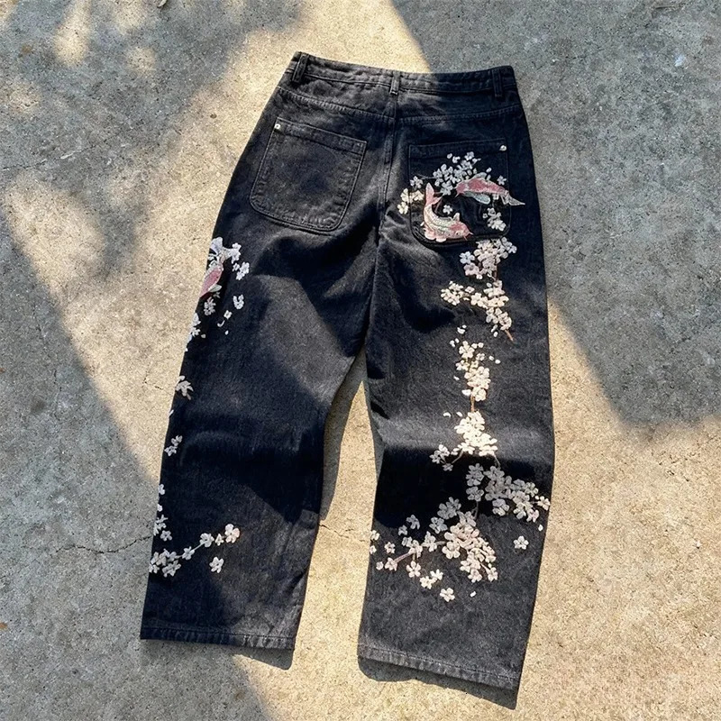 Y2K Baggy jeans Harajuku Pisces Embroidery Cherry Blossom Selvedge Denim Pants Gothic Vintage Casual wide leg pants streetwear 251212