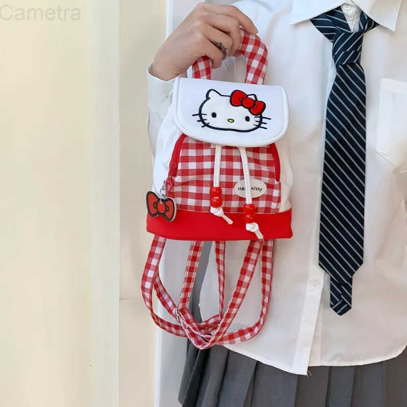 Sanrio New Cute Red Plaid Hello Kitty Backpack Cartoon Cute Kitty Cat Drawstring Storage Mini Girl Heart Backpack Handbag H251216
