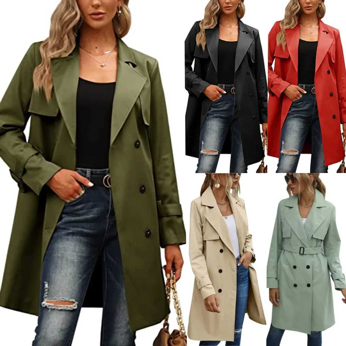 Windbreak Outwear Winter and Autumn Womens Jackets Double-breasted Fashion Casual Trench Coat Solid Color Trench JacketsT251216