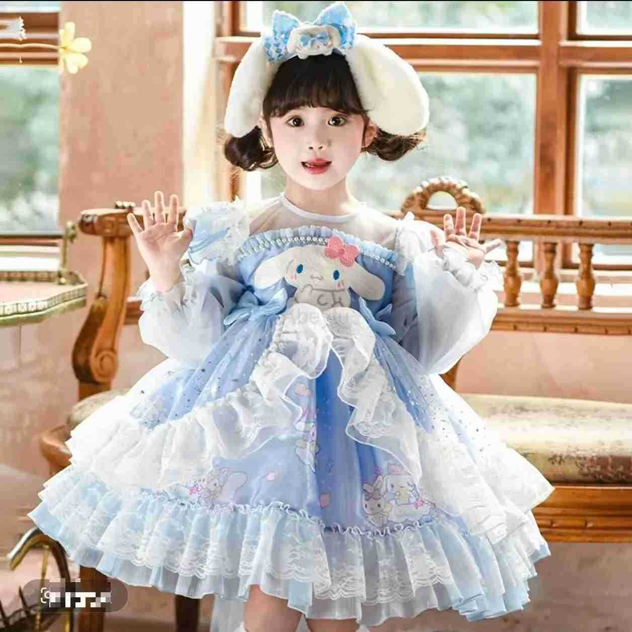 Sanrio Anime Melody Girls Lolita Dress Vintage Lace Party Dress for Kids Ruffled Cinnamoroll Princess Costume Yarn Skirt Holiday Gifts H251216