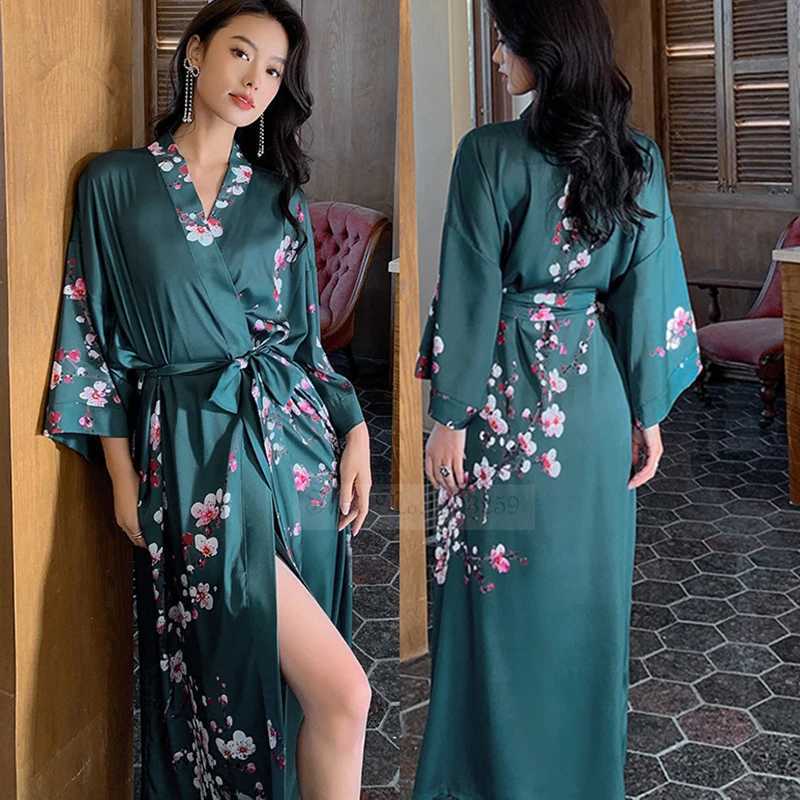 Print Flower Long Kimono Bathrobe Gown Sexy Women Half Sleeve Wedding Robe Nightgown Spring Summer Rayon Home Dress Sleepwear C251216
