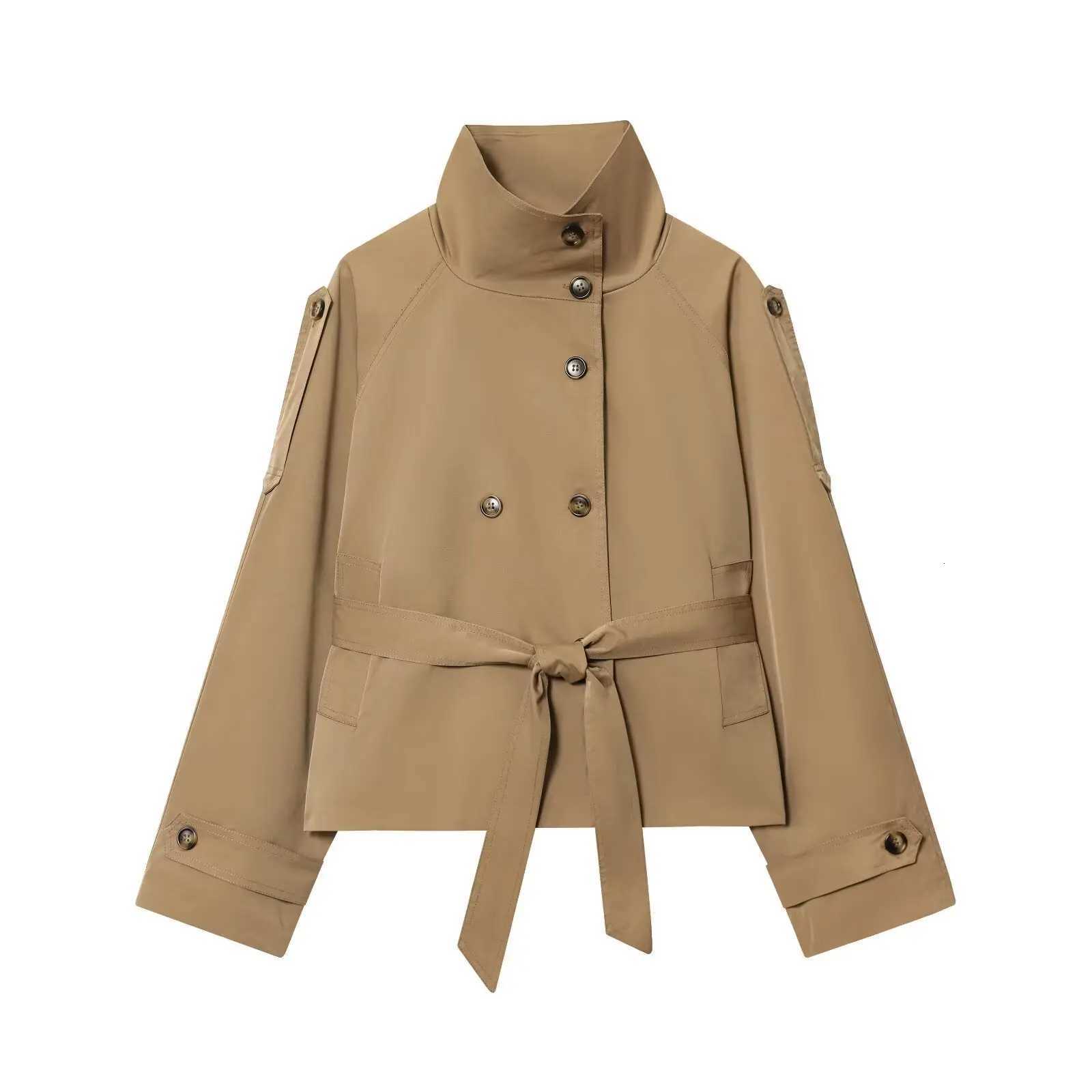 Khaki Stand-Up Collar Womens Short Trench Coat Autumn Fashion Double-Breasted Sashes Women Jacket High Street Women Coat 2025T251216