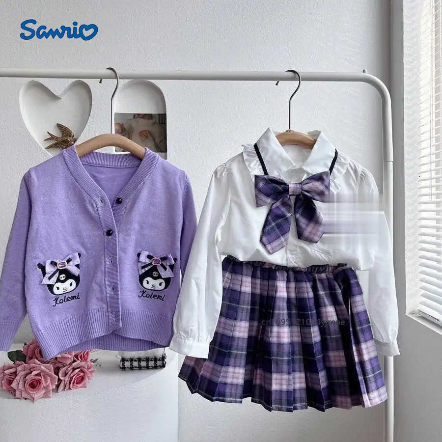 Sanrio Anime 3Pcs Kuromi Melody Girls Jk Plaid Skirt Set Fashion Cardigan Pleated Skirt Kids Spring Autumn College Style Teen H251216
