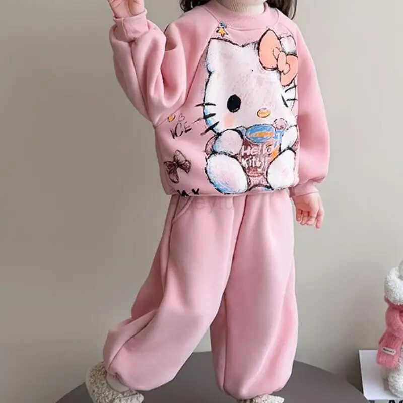 Sanrio Hot Girl Coat Set Hello Kitty Kawaii Anime Autumn and Winter Student Tops Long Pants Childrens Clothing 2-Piece Set New H251216