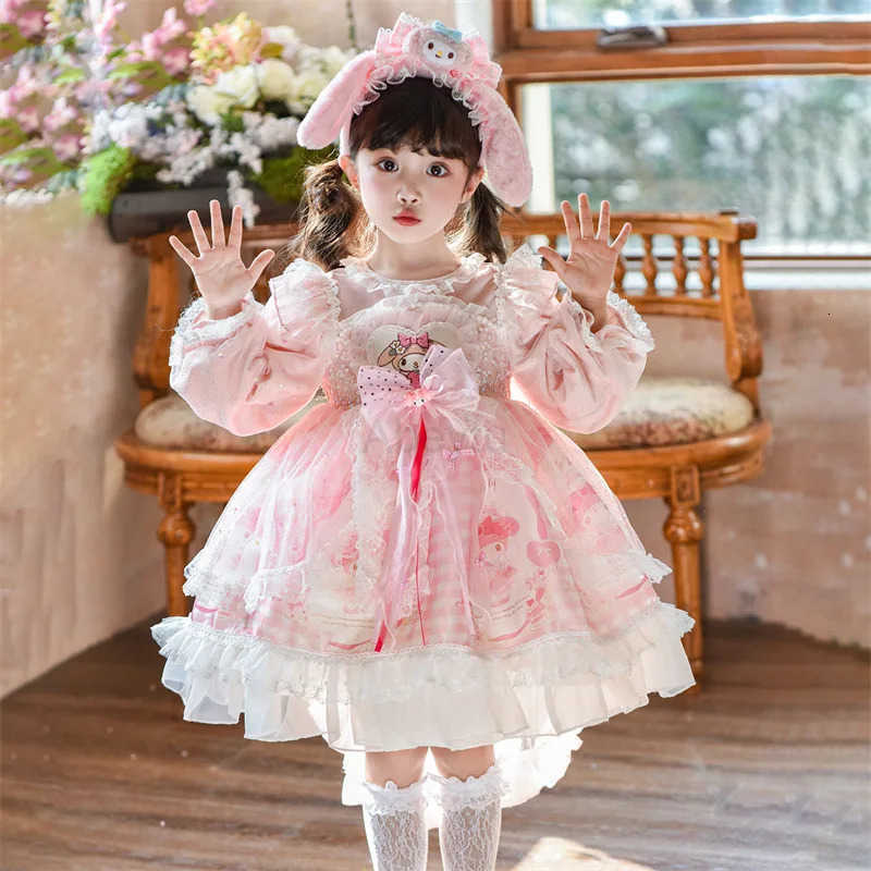 Sanrio Anime My Melody Girls Lolita Princess Party Dress with Bow Decoration Ruffled Tutu Skirt Layered Design for Halloween Gift H251216