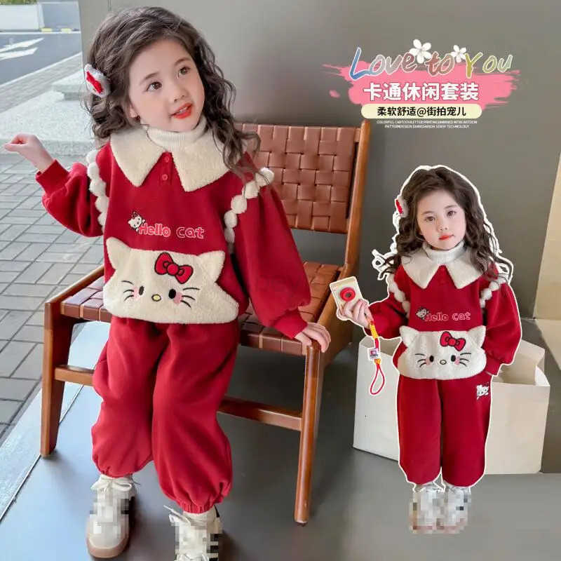 Sanrio Christmas Girls Hellokitty Cartoon Sportswear 2025 Winter New Kawaii Anime Thick Warm Coat 2Pcs Korean Style Fashion Sweet Sets H251216