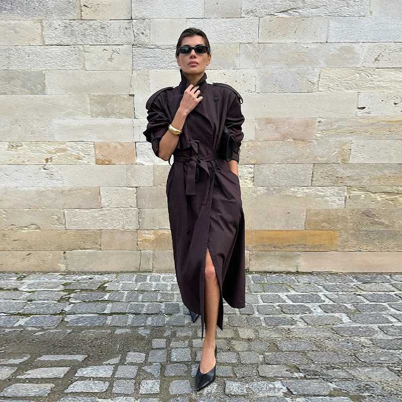 Vintage Brown Lapel Long Trench Coat Fashion Long Sleeve Single Breasted Lace Up Windbreaker 2025 Autumn Lady Commuter OutwearT251216