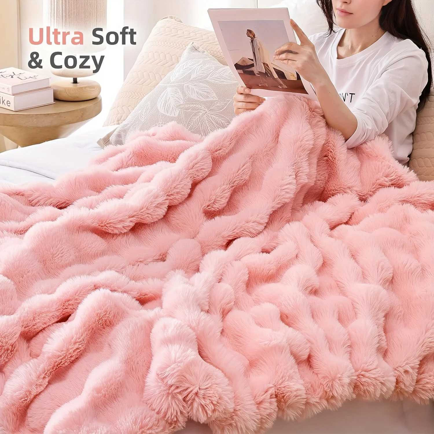 Faux Rabbit Fur Blanket Plush Bubble Texture All-Season Cozy Bedspread for Bed Sofa 40x60 Beige H251216 - view 3