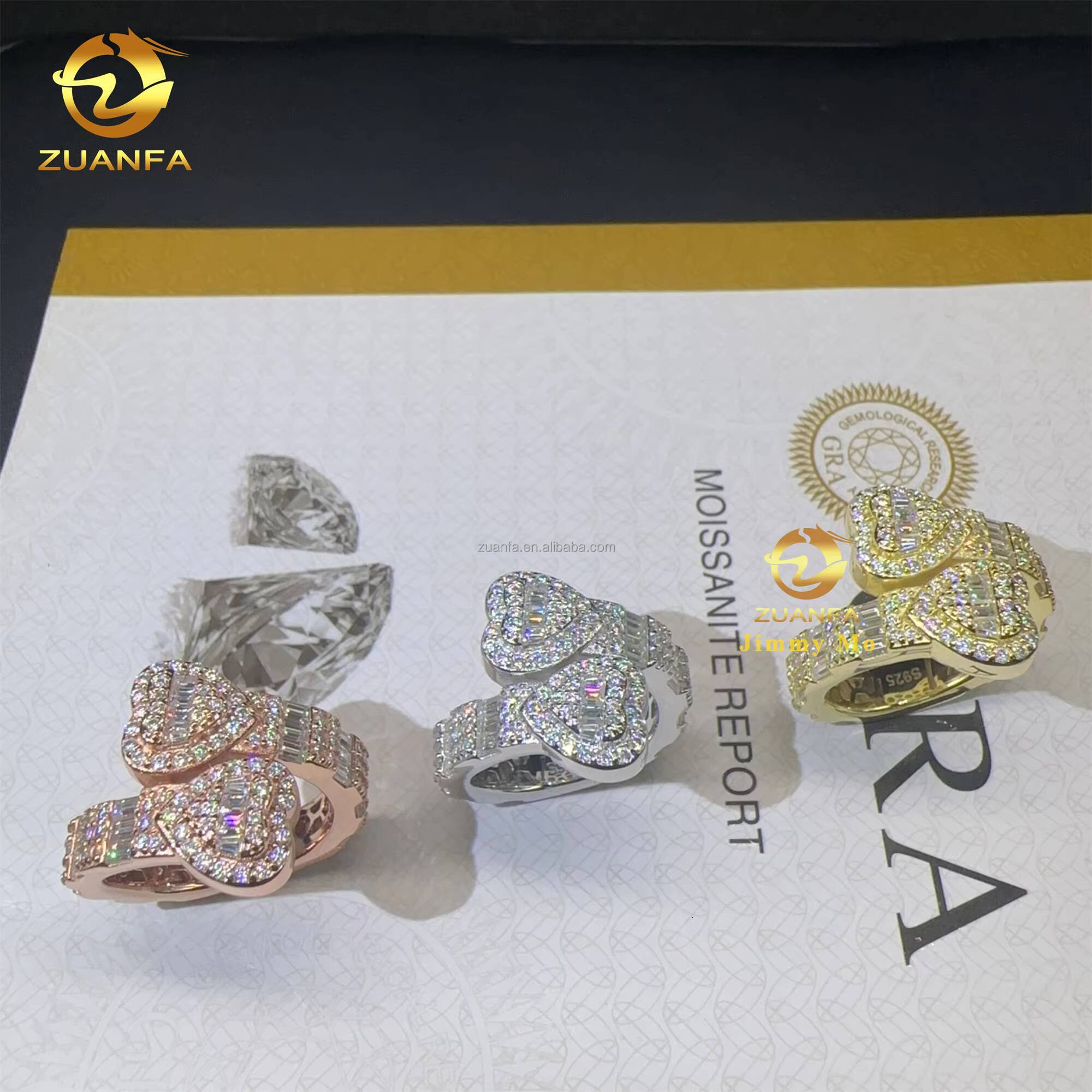 Drop Shipping Price 925 Sterling Silver Full With Baguette Moissanite Diamond Hip Hop Iced Out Two Heart Shape Ring Women Mens