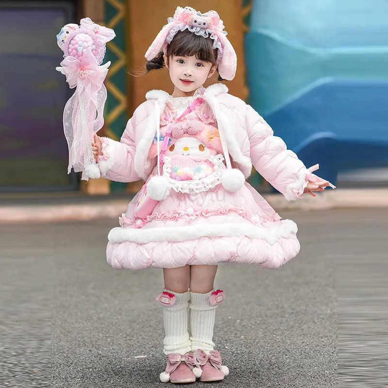 Sanrio Anime My Melody Thicken Lolita Princess Party Dress with Bow Decoration Girls Sweet Ruffled Tutu Skirt Winter Cotton Jacket Gift H251216