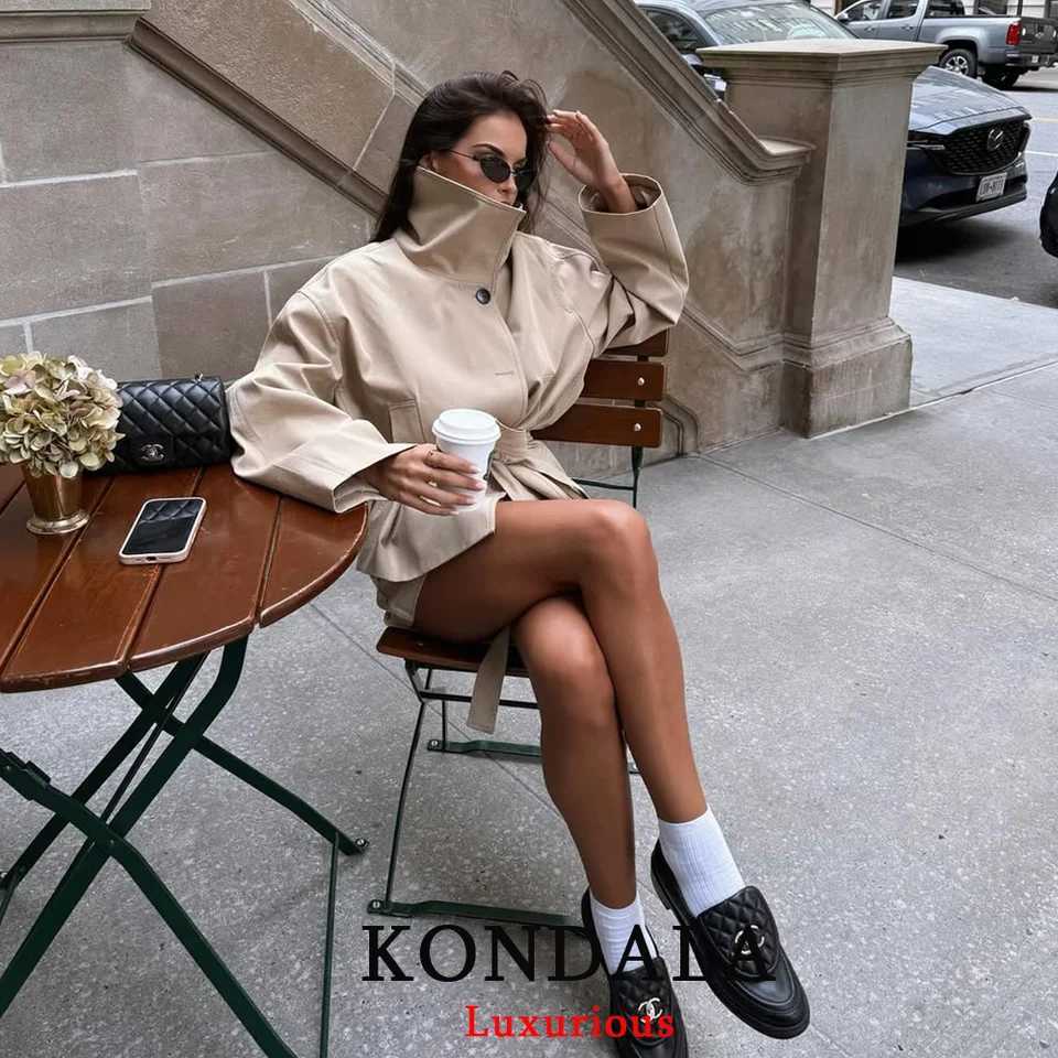 KONDALA Office Lady Chic Khaki Trench Jackets Women Long Sleeve Single Buttons Loose Coats Fashion 2025 Fall Stand Collar JacketT251216