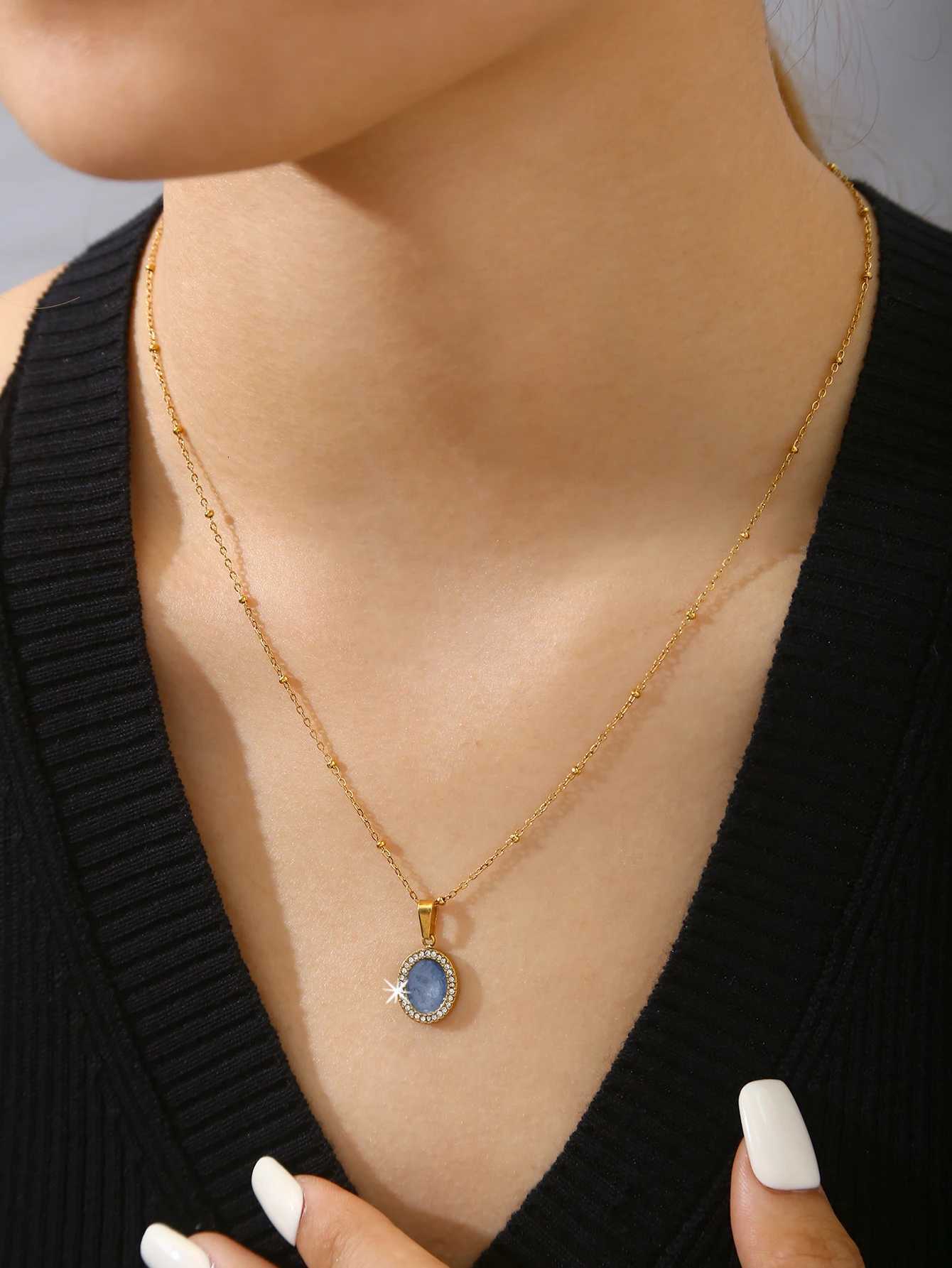 Elegant Luxury Vintage French-Style Refined Charm Stainless Steel Diamond-Studded Teardrop Round Pendant Necklace For Women M251216