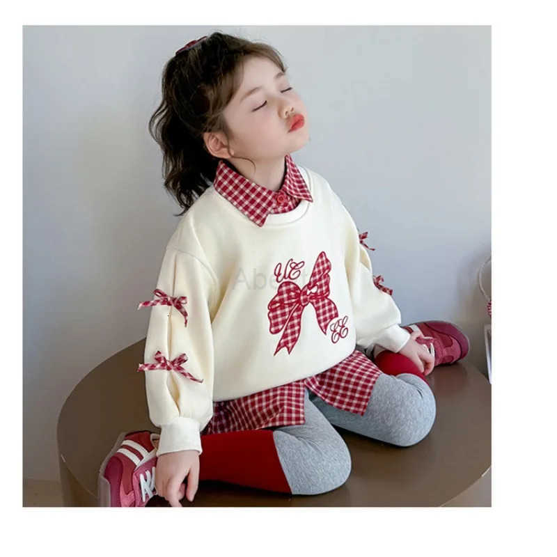 Sanrio Girls Embroidered Checkered Bow Set Childrens Korean Fashion Little Girl Checkered Hoodie Leggings Two-piece Set H251216