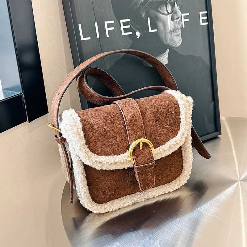 Autumn Winter Plush Bag Womens Korean Small Square Handbags New Suede Lamb Wool Patchwork Shoulder Crossbody Bags M251216