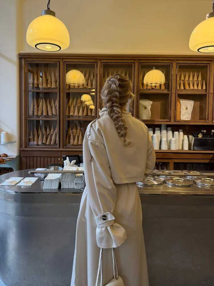 Women Solid Stand Collar Long Trench Coat Casual Double Breasted Full Sleeve Loose Windbreaker 2025 Lady Daily Commute OuterwearT251216