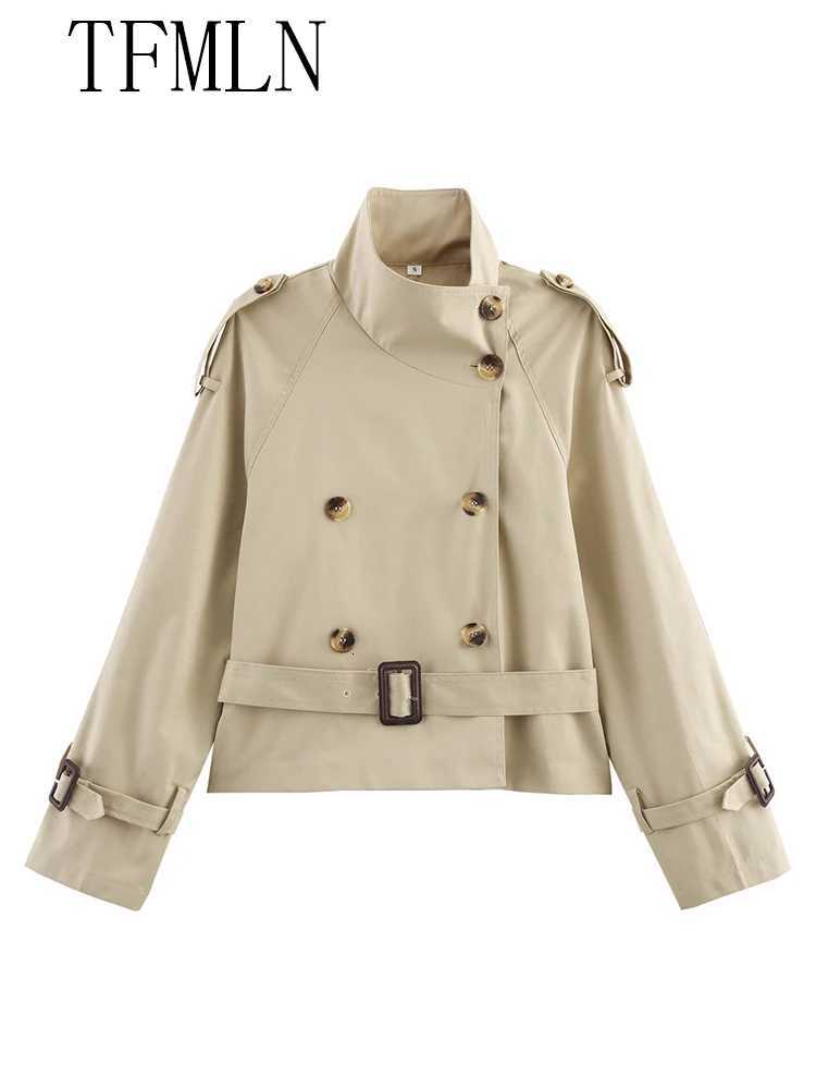 TFMLN 2025 Autumn Women Cropped Trench Coats With Belt Fashion Causal Double Breasted Jackets Chic High Street Outwear TopsT251216