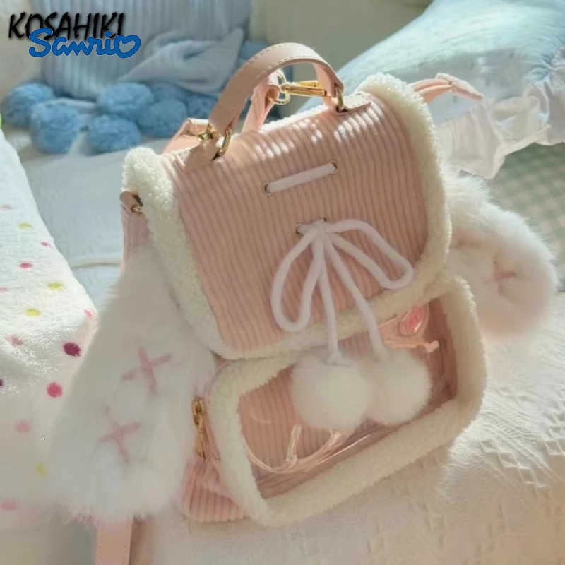 Sanrio Korean Patchwork Fluffy Ears Transparent Ita Bags Casual Simple Kawaii Cute Schoolbags Sweet Y2k Girls Fashion Backpacks Women H2512161