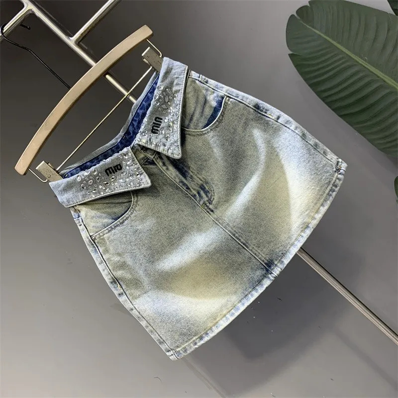 2026 Y2K Light Blue Denim Skirt High Waisted Bedazzled VNeck Mini for a Sweet Look 251216