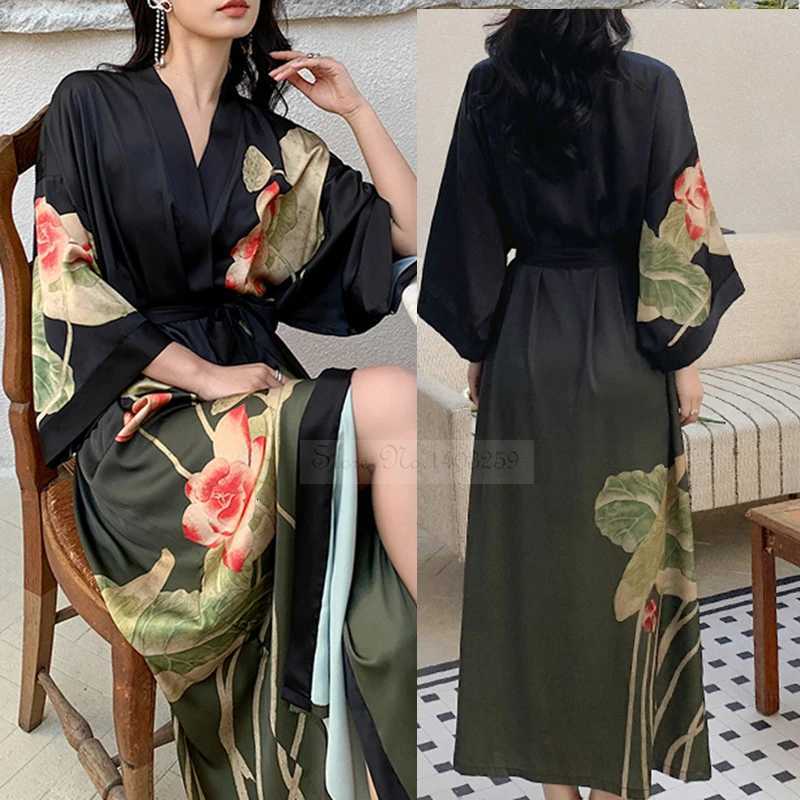 Print Flower Long Kimono Bathrobe Gown Sexy Women Half Sleeve Wedding Robe Nightgown Spring Summer Rayon Home Dress Sleepwear C251216