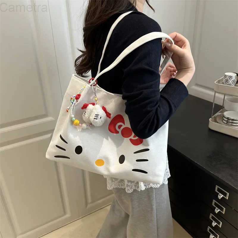Sanrio Christmas Hello Kitty Anime Figures Canvas Tote Bag for Women Large Cute Cartoon Shoulder Bag Versatile Commuting Handbag Gift H251216