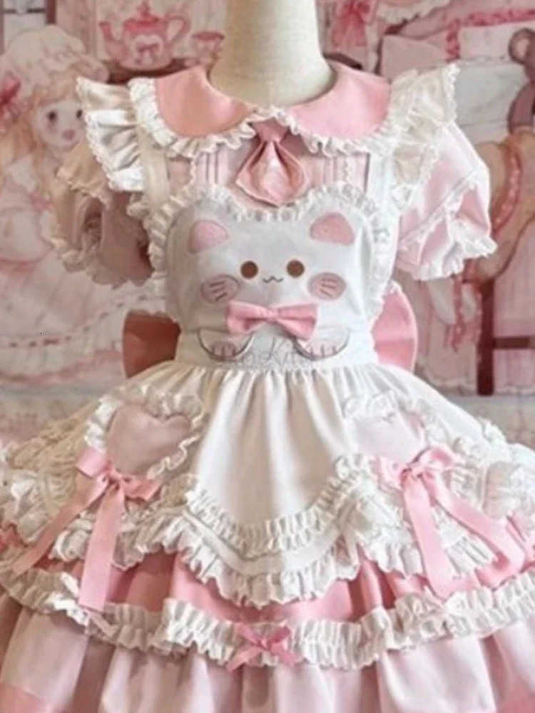 Sanrio Lolita Sweet Dress Princess Lolita Bubble Sleeves Y2k Cute Bow Summer DressLace Design with Apron Set H251216