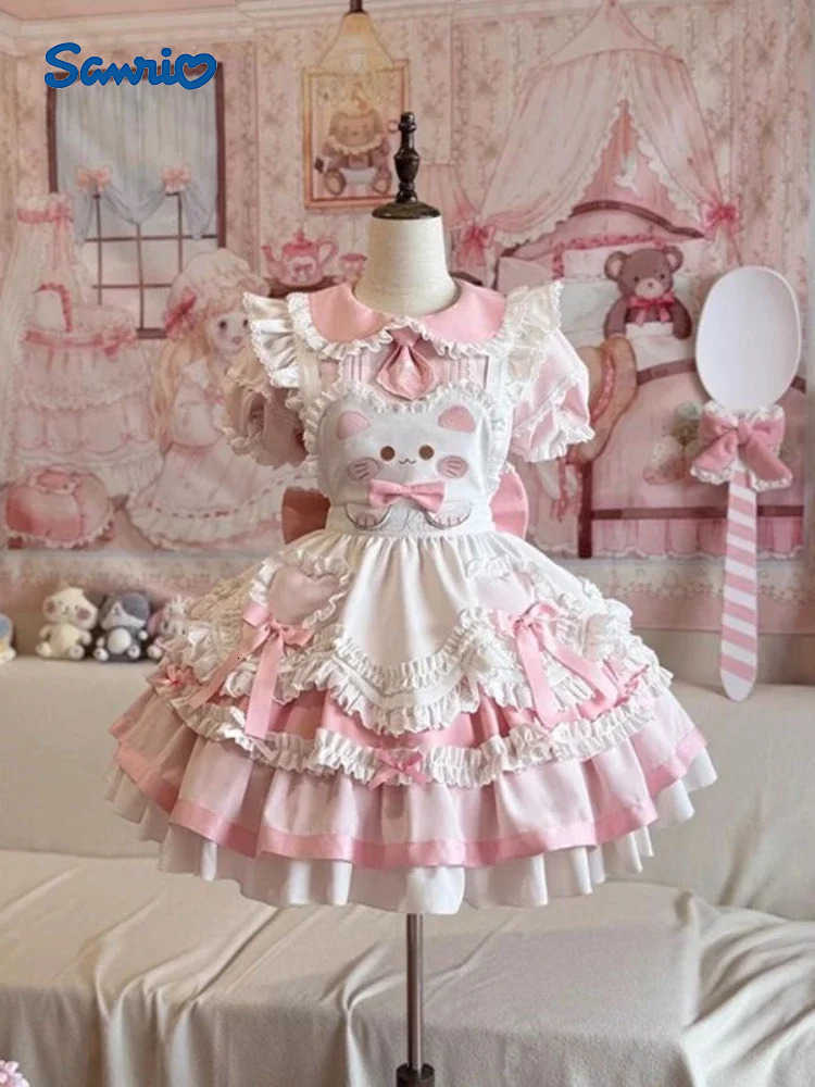 Sanrio Lolita Sweet Dress Princess Lolita Bubble Sleeves Y2k Cute Bow Summer DressLace Design with Apron Set H251216