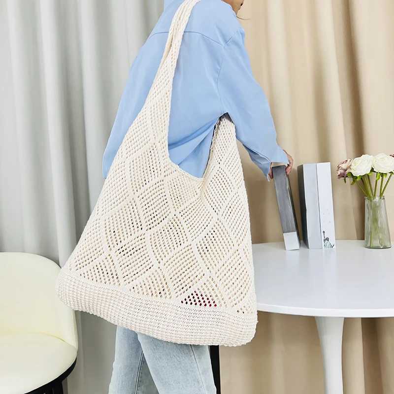 New Trend Womens Bag Crochet Handbag Knitted Solid Color Hollow Top-handle Tote Bag Travel Shopper Shoulder Bag M251216