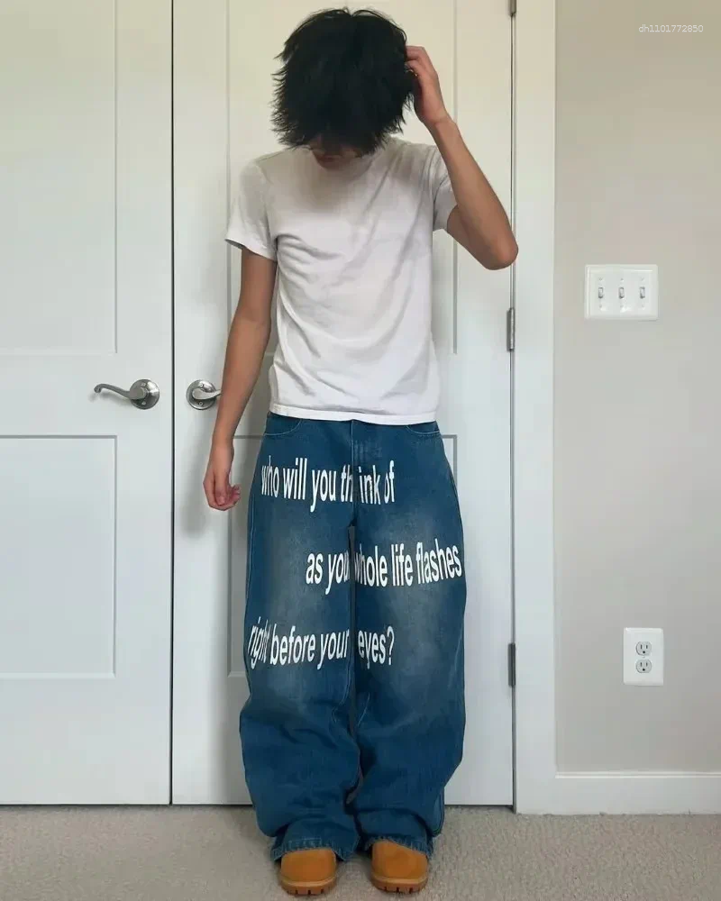 Men's Jeans Y2K Men American Pattern Letter Baggy Women Floor Harajuku Hip Hop Goth Casual Wide Leg Streetwear - view 7