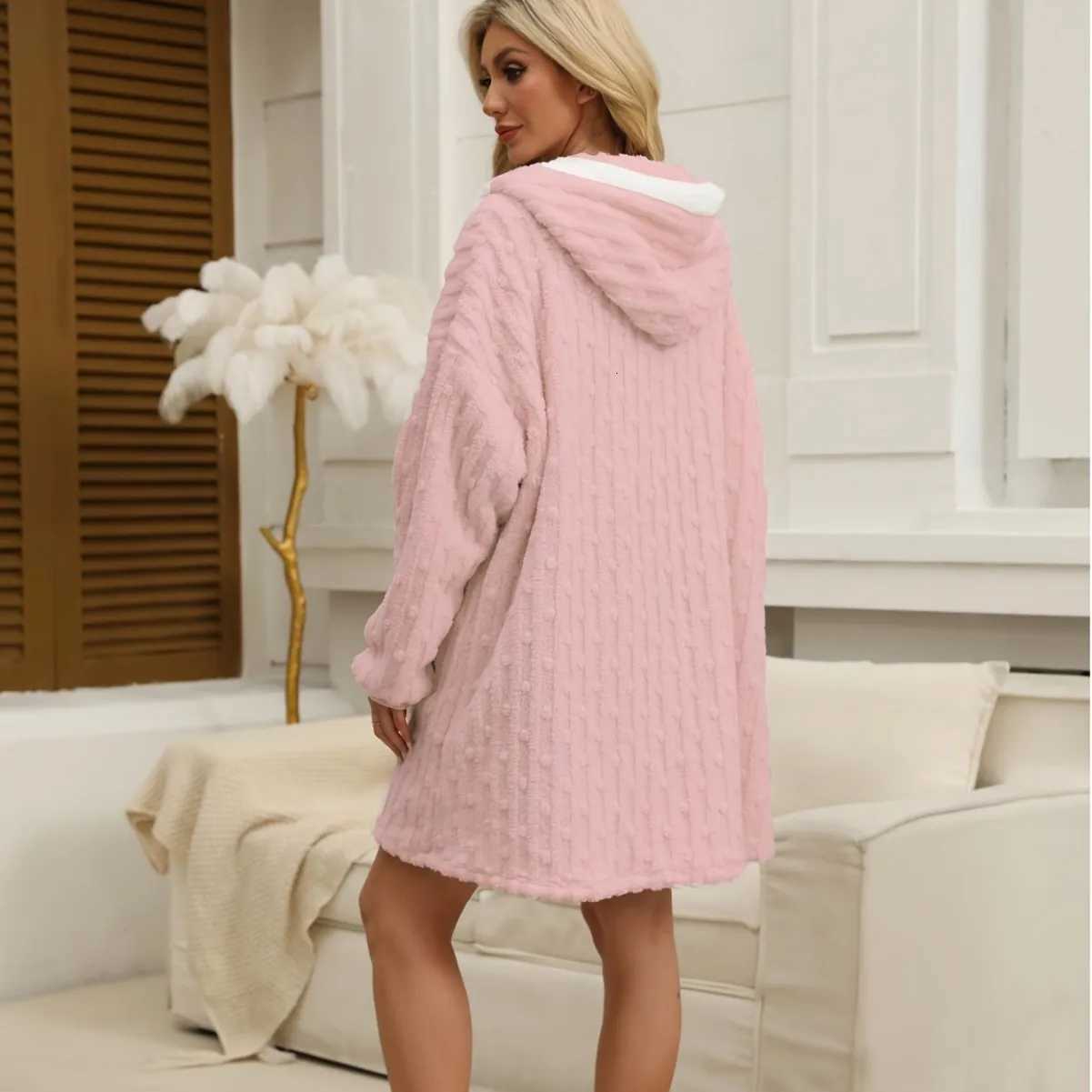 Autumn Winter Warm Flannel Nightgown Zipper Hooded Coral Fleece Sleepwear Bathrobe Gown Short Home Dress Loose Blanket Pajamas C251216