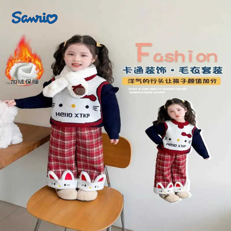 Sanrio Hello Kitty Loungewear set Girls Kawaii Y2k Anime Childrens Clothing Coat autumn and winter Clothes 2-piece set Kids H251216