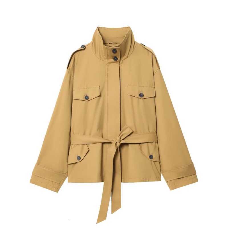 ETJ 2025 Fall New womens street fashion workwear style big pocket decoration high neck belt trench coatT251216