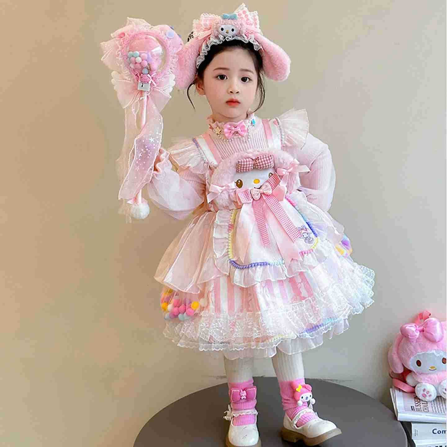 Sanrio Anime My Melody Girls Lolita Princess Party Dress with Bow Decoration Sweet Ruffled Tutu Skirt Layered Design for Festival Gift H251216
