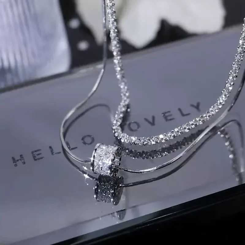 Stainless Steel Silver-Plated Double-Layer Necklace for Women Fashion Y2k Luxury CZ Pendant Necklace Clavicle Chain Jewelry Gift M251216
