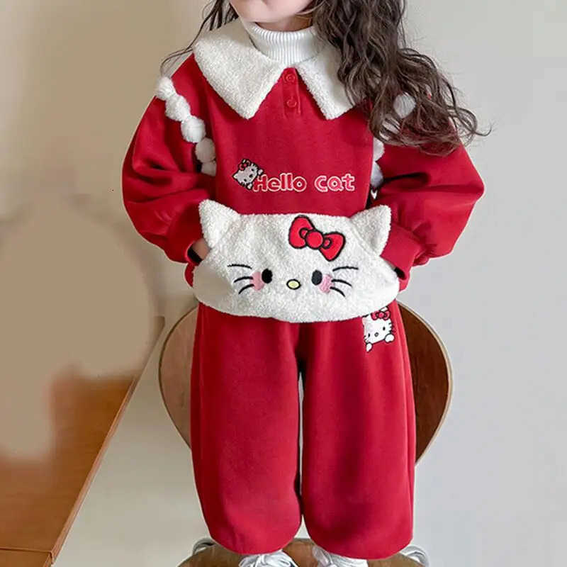 Sanrio Hello Kitty Hoodie Two-Piece Set Girl Autumn Winter Tops Pants Sportswear Child Kawaii Anime Cartoon New Casual Clothing H251216