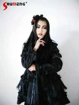 Sanrio Girls Gothic Palace Sweet Lolita Dress Womens Vintage Lace Bowknot Peter Pan Collar Victorian Dress Loli Cosplay Lolita Op H251216