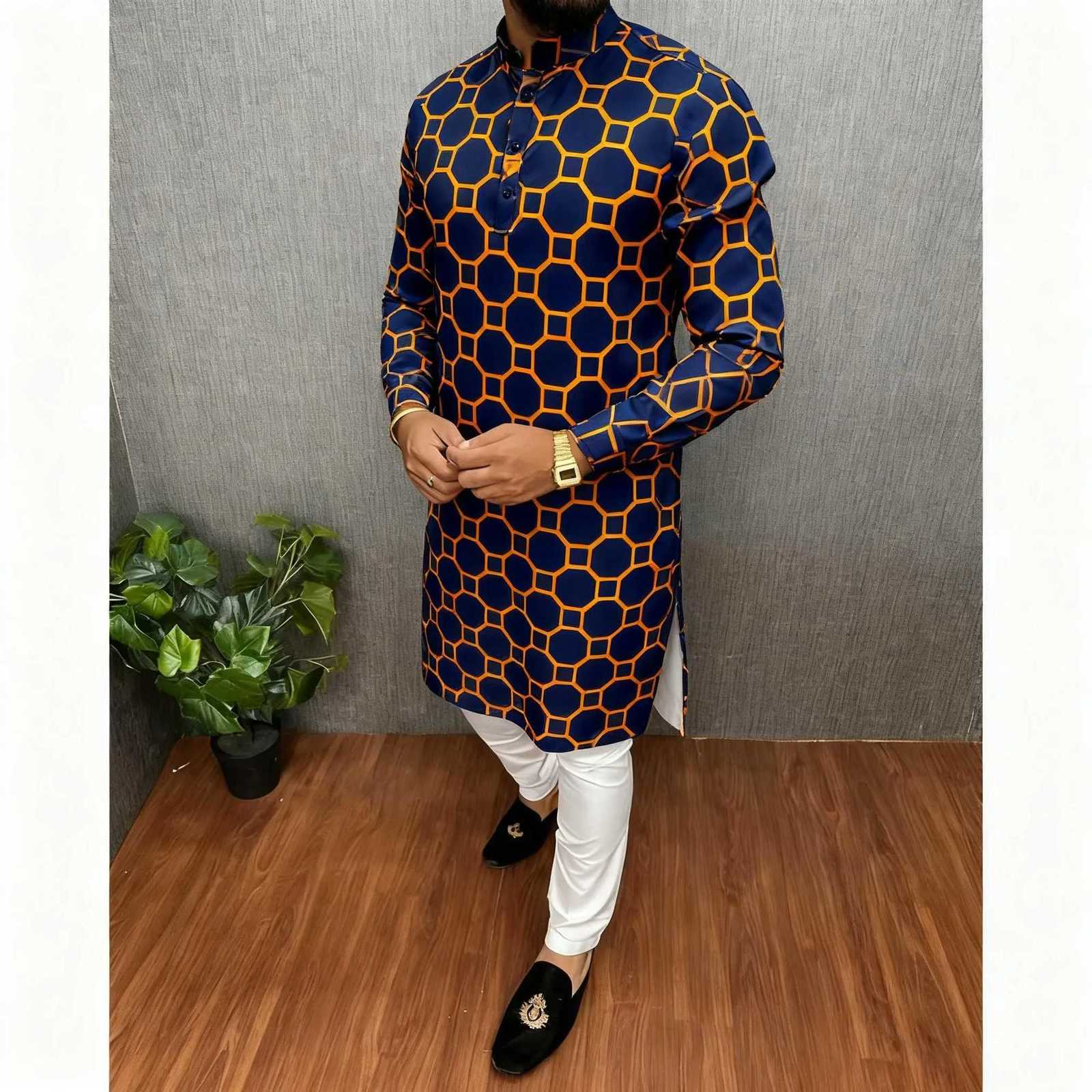 New Men Digital Printed Kurta Vardha Regular Fit Mandarin Collar Long Suitable National Style Muslim Clothes Moroccan Thobes Men W251216 - view 5