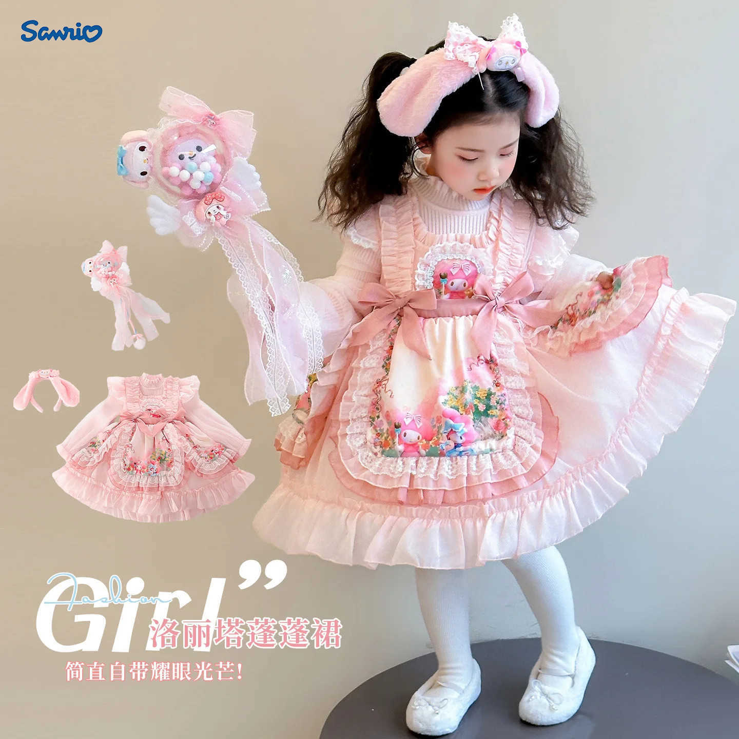 Sanrio Anime My Melody Girls Lolita Princess Dress Bow Decoration Party Dress Ruffled Tutu Skirt Layered Dress Ball Gown Festival Gift H251216