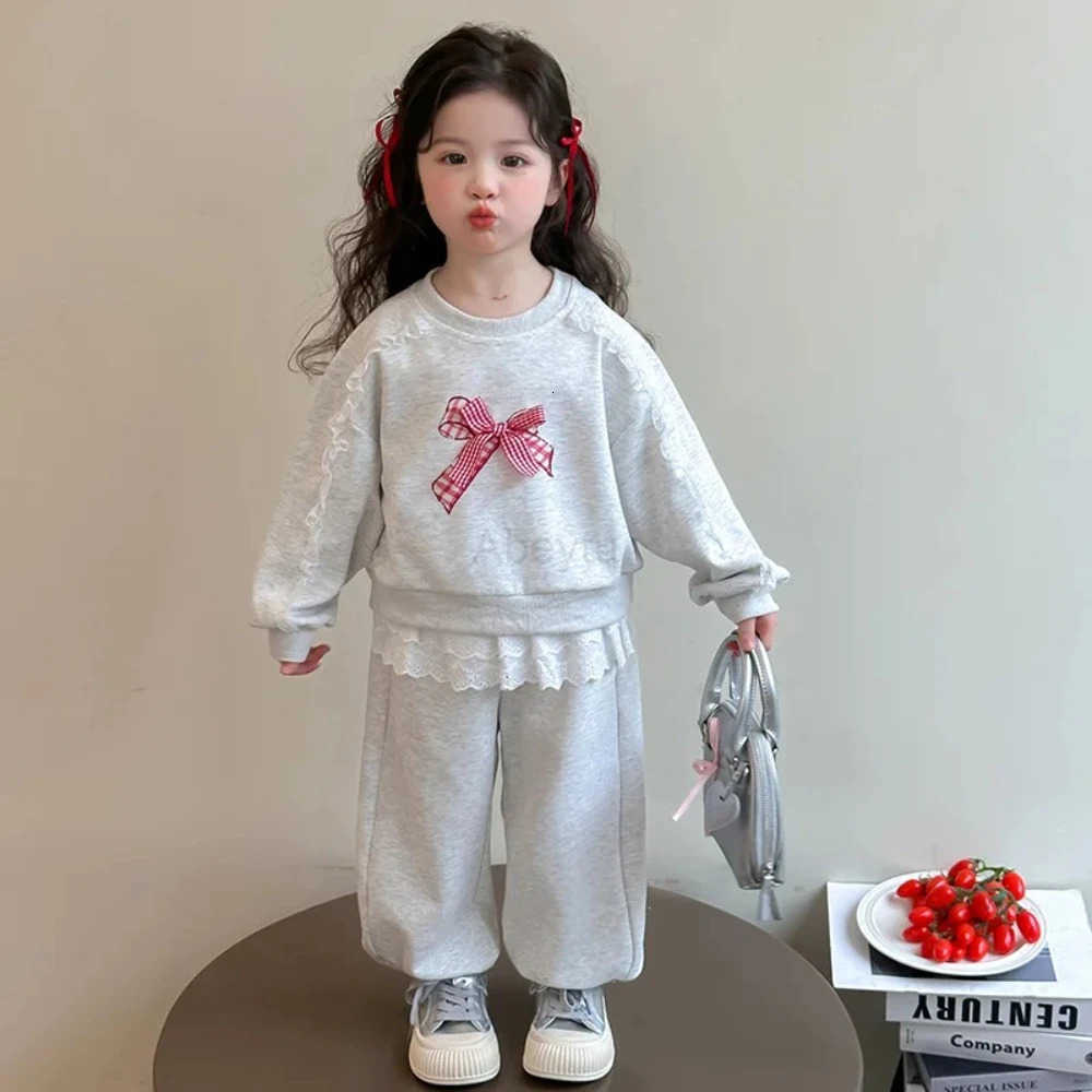 Sanrio Bear Leader Autumn Gray Long Sleeved Girls Clothing Korean Version Plain Lace Bow Decoration Top Pants Casual Two-piece Set H251216